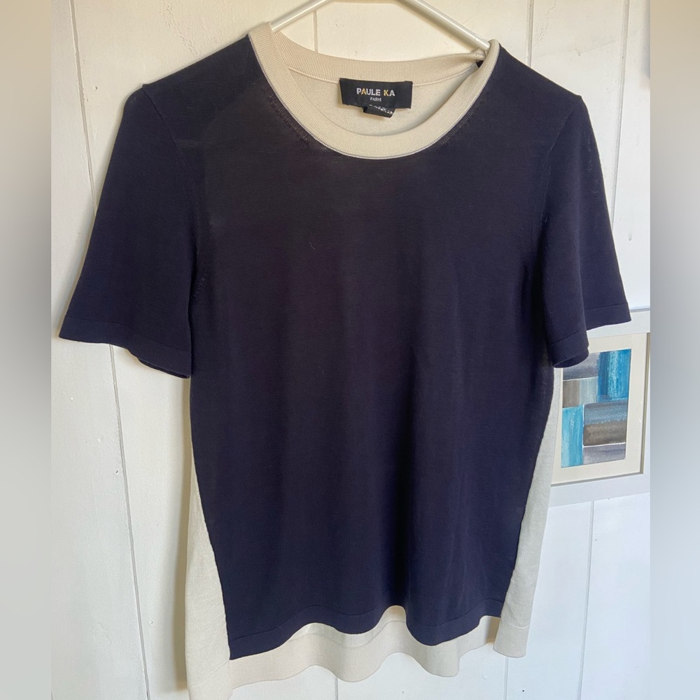 PAULE KA Two-Tone dark Navy blue and Cream Short Sleeve Top